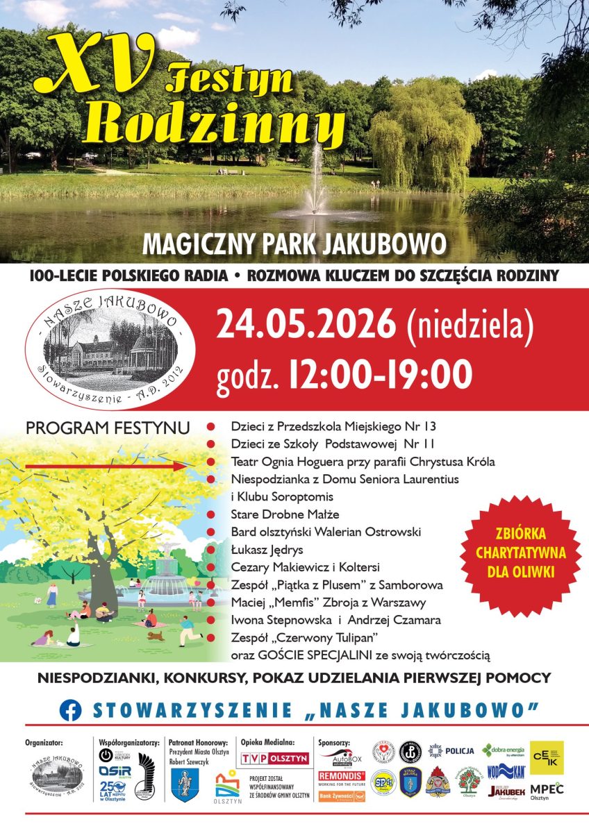 Plakat zapraszający w niedzielę 24 maja 2026 r. do Olsztyna na Festyn Rodzinny w Parku Jakubowo w Olsztynie 2026. 