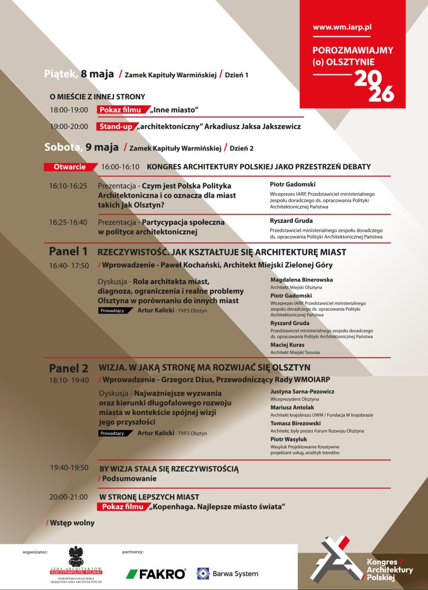 Plakat zapraszający w dniach 8-9 maja 2026 r. do Olsztyna na Kongres Architektury Polskiej Olsztyn 2026.   