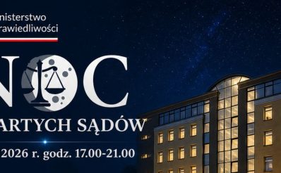 Plakat zapraszający w piątek 22 maja 2026 r. do Olsztyna na Noc Otwartych Sądów Olsztyn 2026.
