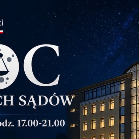 Plakat zapraszający w piątek 22 maja 2026 r. do Olsztyna na Noc Otwartych Sądów Olsztyn 2026.