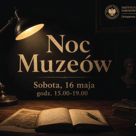 Plakat zapraszający w sobotę 16 maja 2026 r. do Olsztyna na Noc Muzeów w Instytucie Pamięci Narodowej w Olsztynie 2026. 