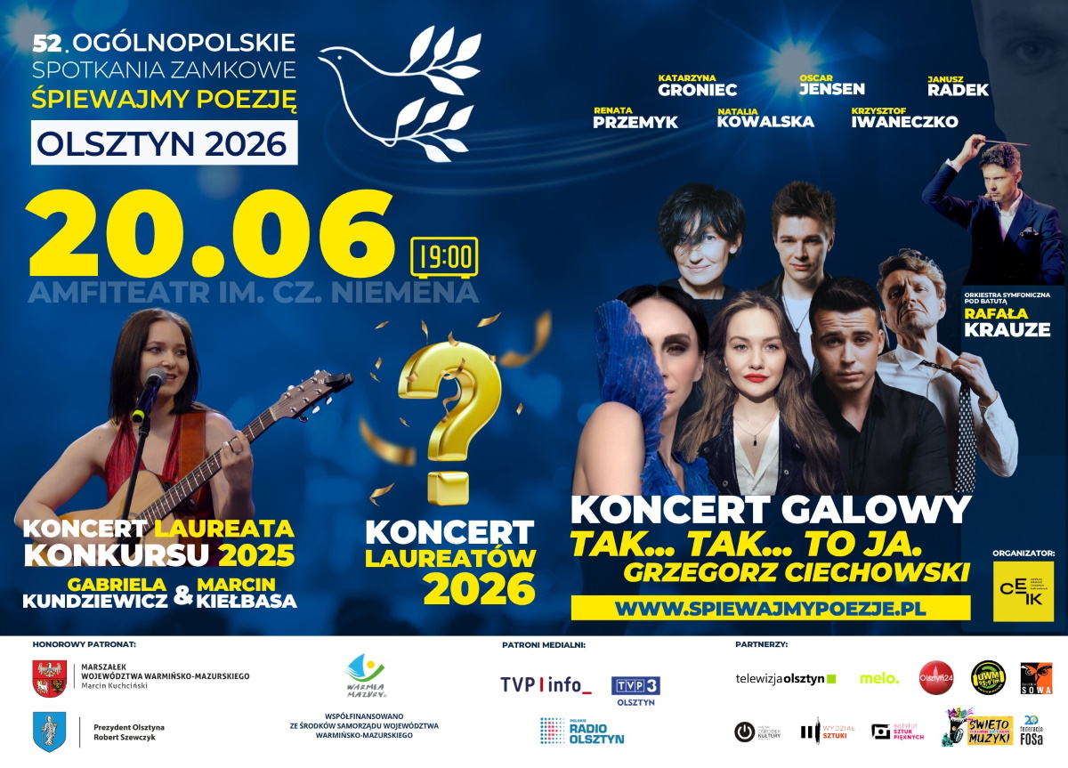 Plakat zapraszający w sobotę 20 czerwca 2026 r. do Olsztyna na 52. edycję Ogólnopolskich Spotkań Zamkowych “Śpiewajmy Poezję” Koncert Finałowy Olsztyn 2026.