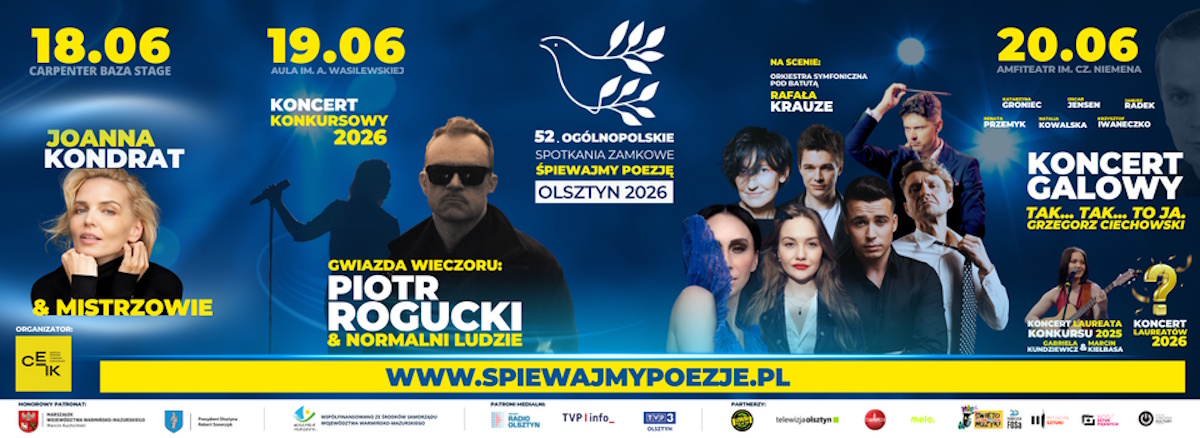 Plakat zapraszający do Olsztyna na 52. edycję Ogólnopolskich Spotkań Zamkowych “Śpiewajmy Poezję” Olsztyn 2026.
