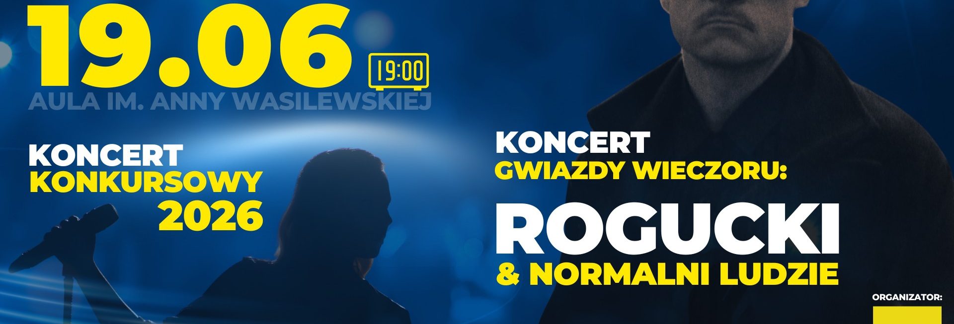 Plakat zapraszający w piątek 19 czerwca 2026 r. do Olsztyna na 52. edycję Ogólnopolskich Spotkań Zamkowych “Śpiewajmy Poezję” Koncert Piotra Roguckiego Olsztyn 2026.