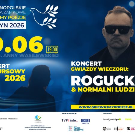 Plakat zapraszający w piątek 19 czerwca 2026 r. do Olsztyna na 52. edycję Ogólnopolskich Spotkań Zamkowych “Śpiewajmy Poezję” Koncert Piotra Roguckiego Olsztyn 2026.
