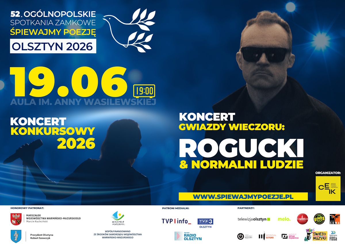 Plakat zapraszający w piątek 19 czerwca 2026 r. do Olsztyna na 52. edycję Ogólnopolskich Spotkań Zamkowych “Śpiewajmy Poezję” Koncert Piotra Roguckiego Olsztyn 2026.