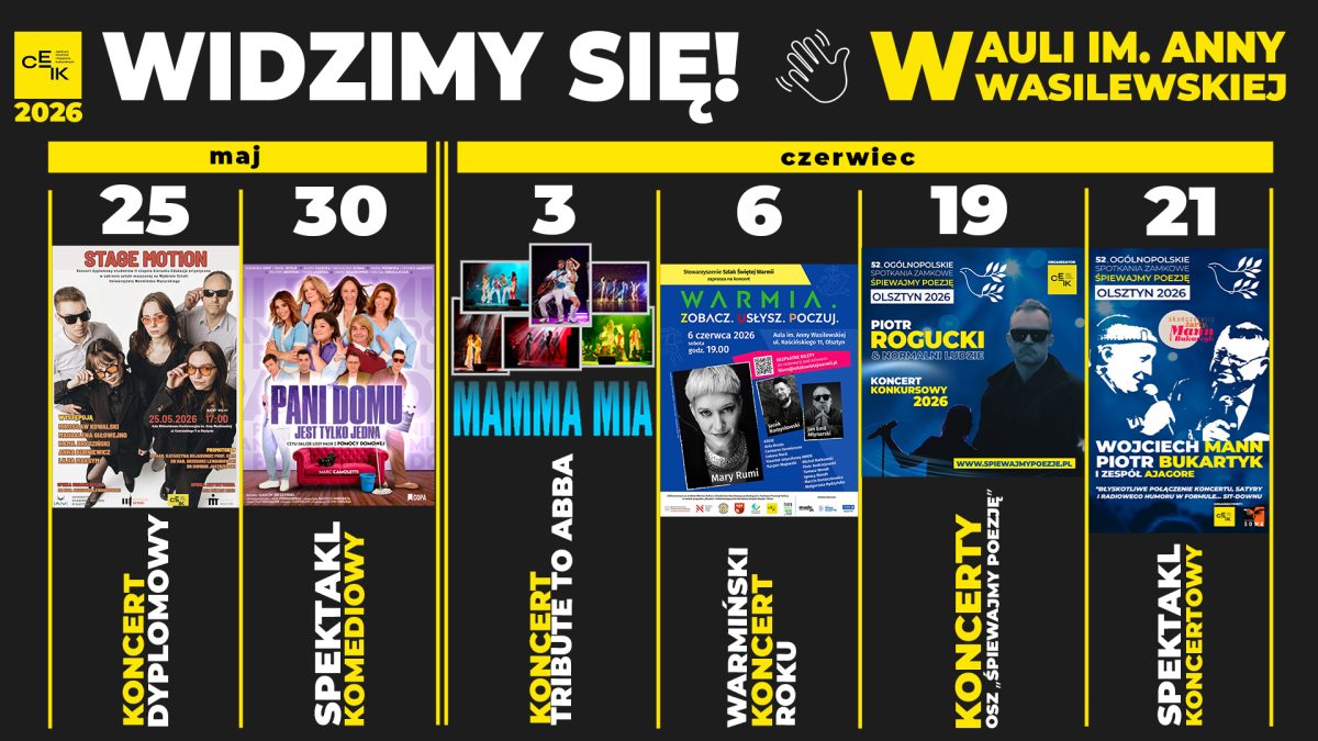 Kalendarz imprez organizowany w maju i czerwcu 2026 r. w Auli im. Anny Wasilewskiej w Olsztynie.