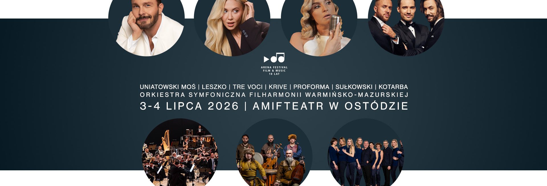 Plakat zapraszający w dniach 3-4 lipca 2026 r. do Ostródy na Arena Festival Film&Music Ostróda 2026. 
