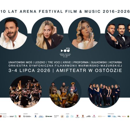 Plakat zapraszający w dniach 3-4 lipca 2026 r. do Ostródy na Arena Festival Film&Music Ostróda 2026.