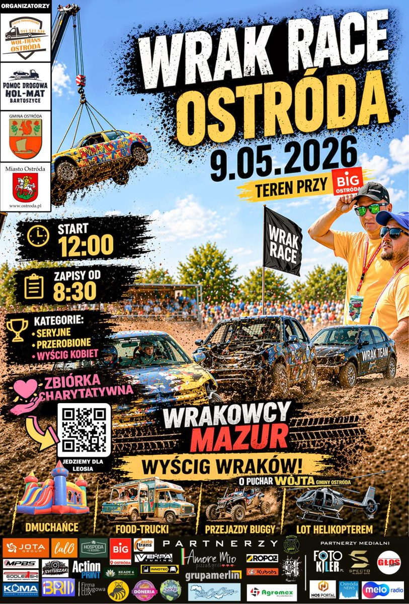 Plakat zapraszający w sobotę 9 maja 2026 r. do Ostródy na zawody Wrak Race Ostróda 2026. 