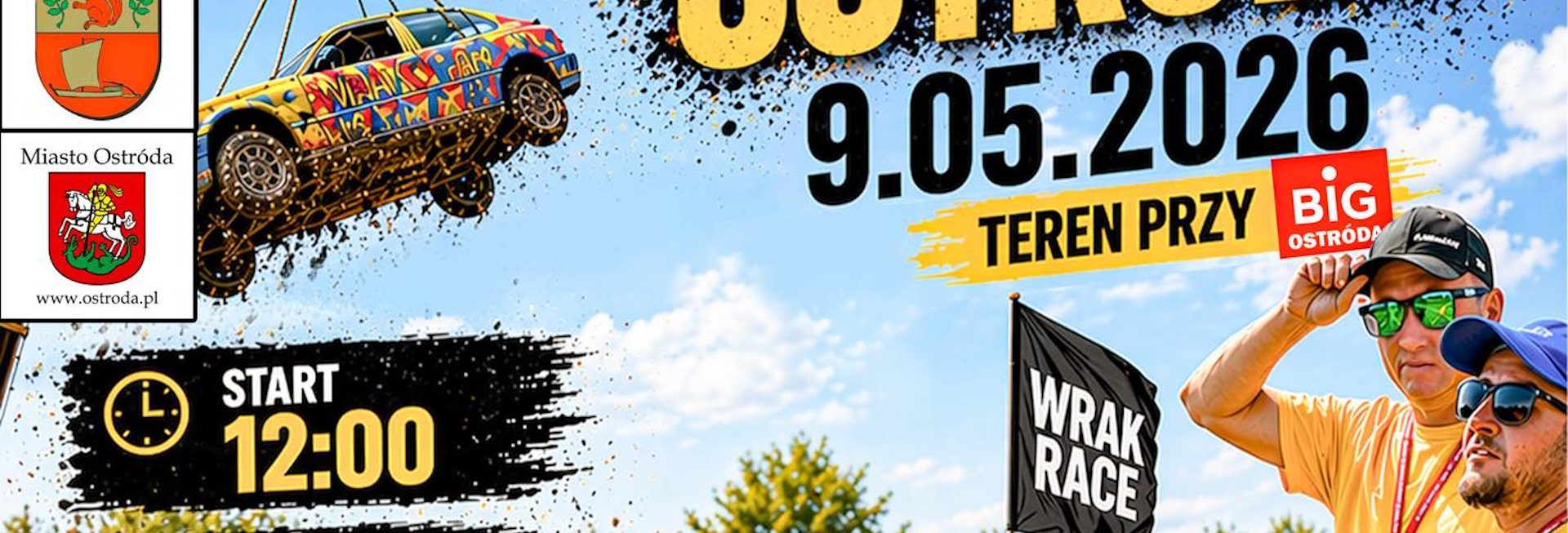 Plakat zapraszający w sobotę 9 maja 2026 r. do Ostródy na zawody Wrak Race Ostróda 2026. 