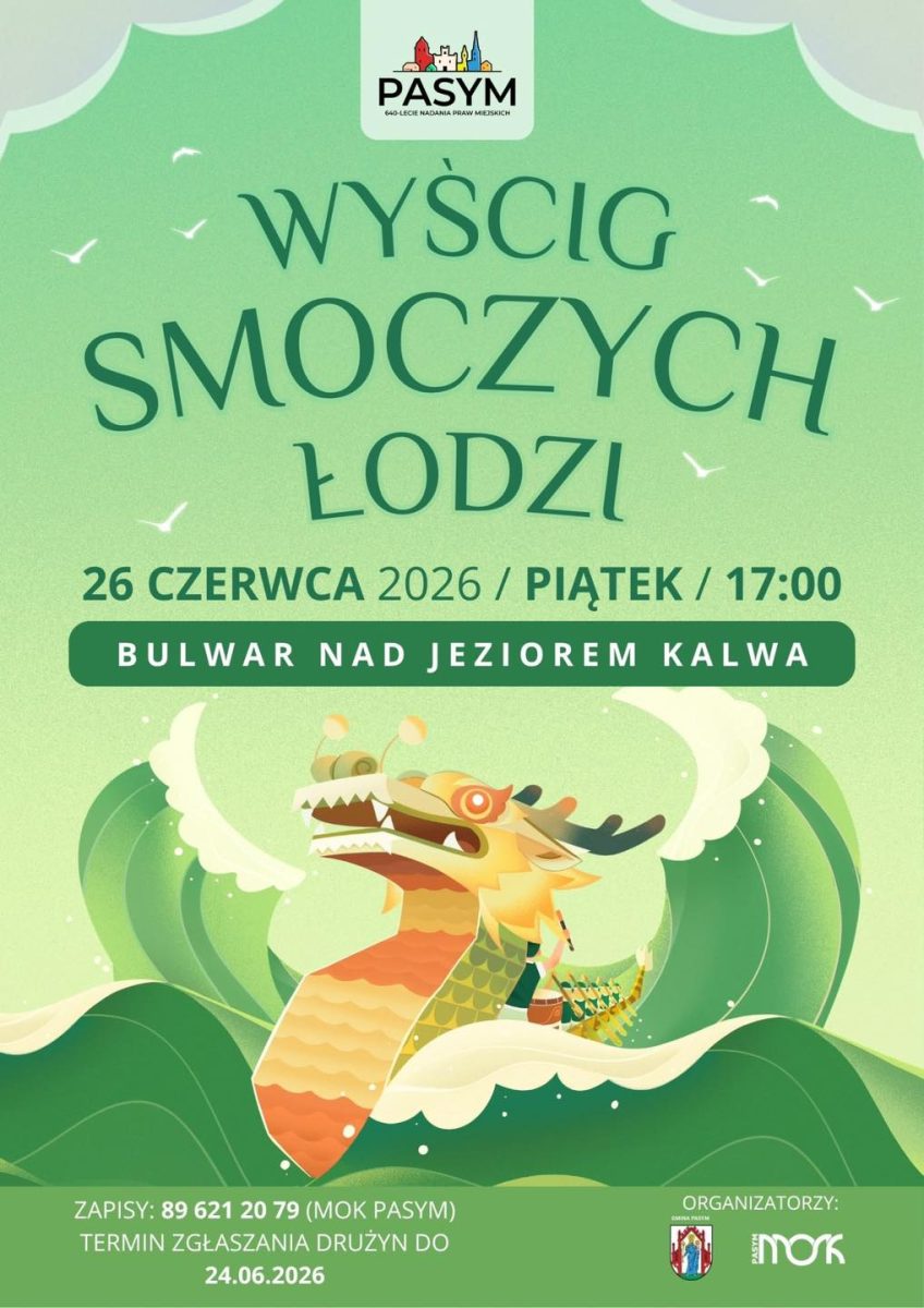 Plakat zapraszający w piątek 26 czerwca 2026 r. do Pasymia na zawody Wyścig Smoczych Łodzi Pasym 2026.