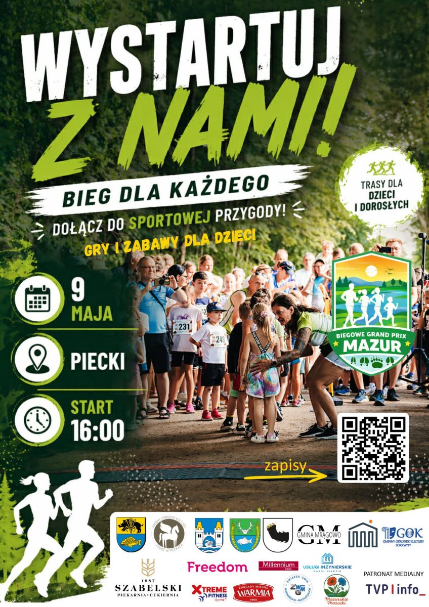 Plakat zapraszający w sobotę 9 maja 2026 r. do miejscowości Piecki Biegowe Grand Prix Mazur 2026 Biegaj Bliżej Natury #1 - Bieg Śladami Dzika Piecki 2026. 