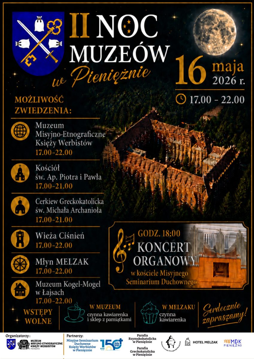 Plakat zapraszający w sobotę 16 maja 2026 r. do Pieniężna na Noc Muzeów Pieniężno 2026. 