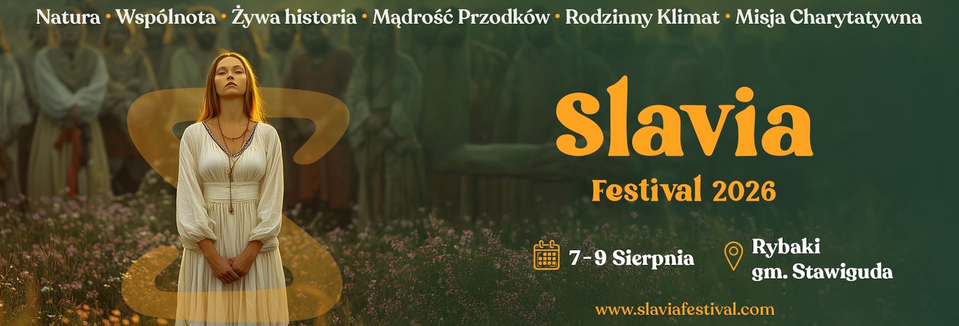 Plakat zapraszający w dniach 7-9 sierpnia 2026 r. do miejscowości Rybaki w gminie Stawiguda na Slavia Festival Rybaki 2026. 
