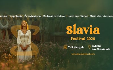 Plakat zapraszający w dniach 7-9 sierpnia 2026 r. do miejscowości Rybaki w gminie Stawiguda na Slavia Festival Rybaki 2026. 