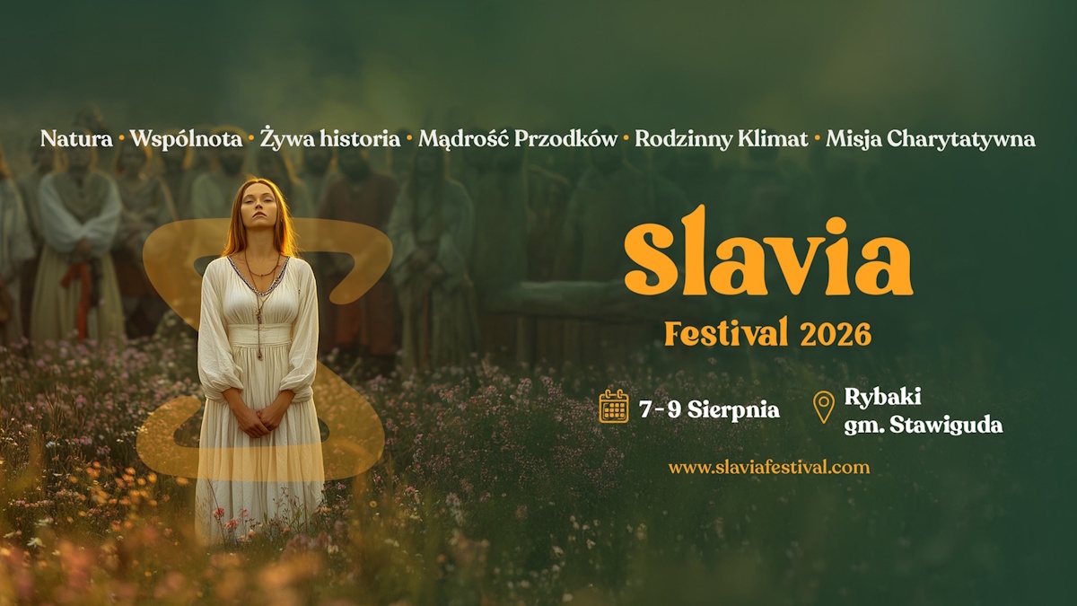 Plakat zapraszający w dniach 7-9 sierpnia 2026 r. do miejscowości Rybaki w gminie Stawiguda na Slavia Festival Rybaki 2026. 
