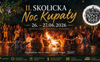 Plakat zapraszający w dniach 26-28 czerwca 2026 r. do miejscowości Skolity w gminie Świątki na Skolicką Noc Kupały Skolity 2026.