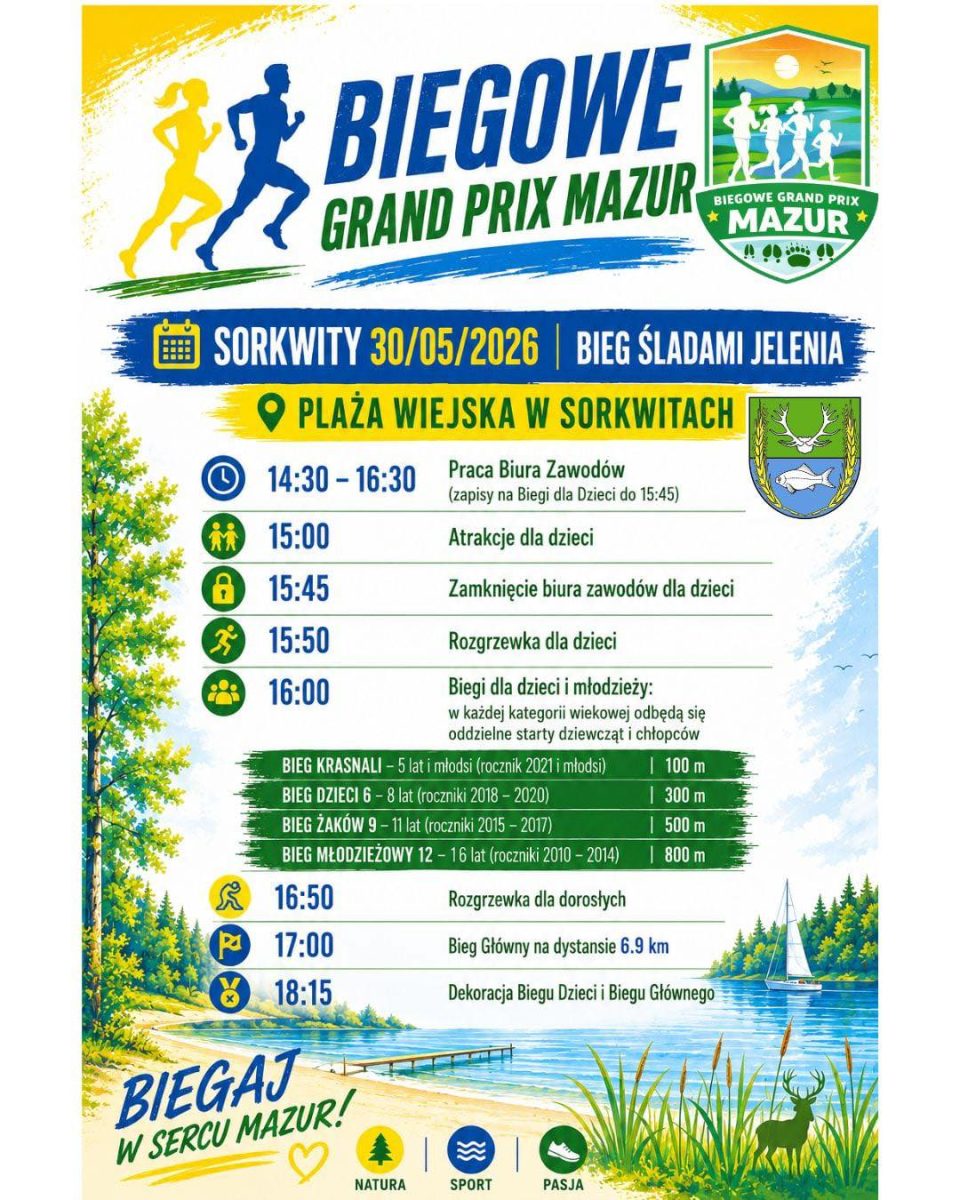 Plakat zapraszający w sobotę 30 maja 2026 r. do miejscowości Sorkwity na Biegowe Grand Prix Mazur 2026 Biegaj Bliżej Natury #2 - Bieg Śladami Jelenia Sorkwity 2026.  