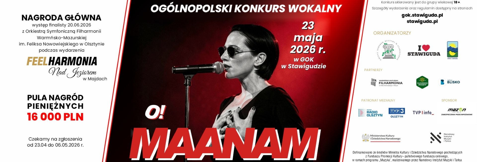 Plakat zapraszający w sobotę 23 maja 2026 r. do Stawigudy na Ogólnopolski Konkurs Wokalny "O! Maanam" Stawiguda 2026.