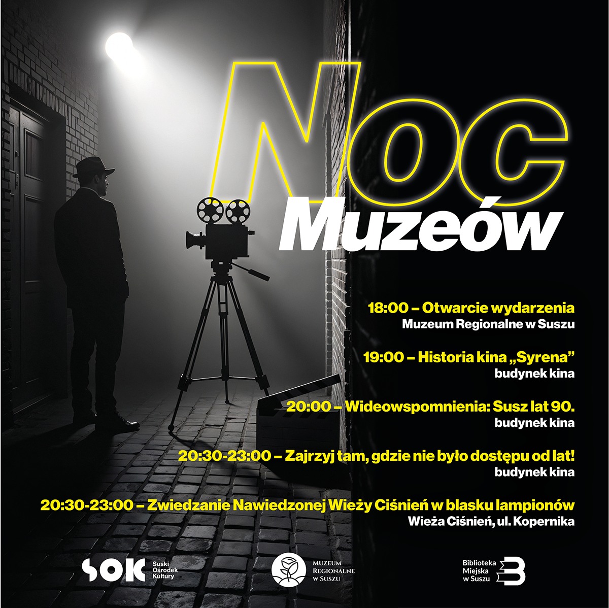 Plakat zapraszający w piątek 15 maja 2026 r. do miejscowości Susz na Suską Noc Muzeów Susz 2026.  