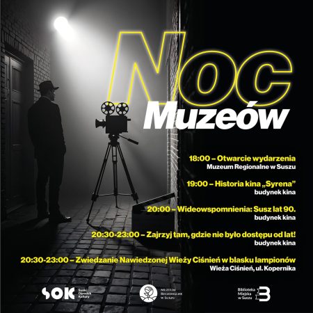 Plakat zapraszający w piątek 15 maja 2026 r. do miejscowości Susz na Suską Noc Muzeów Susz 2026.  