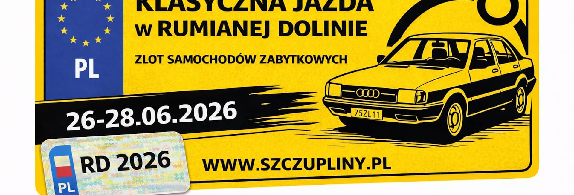 Plakat zapraszający w dniach 26-28 czerwca 2026 r. do miejscowości Szczupliny w powiecie działdowskim na spotkanie - Klasyczna Jazda w Rumianej Dolinie Szczupliny 2026. 