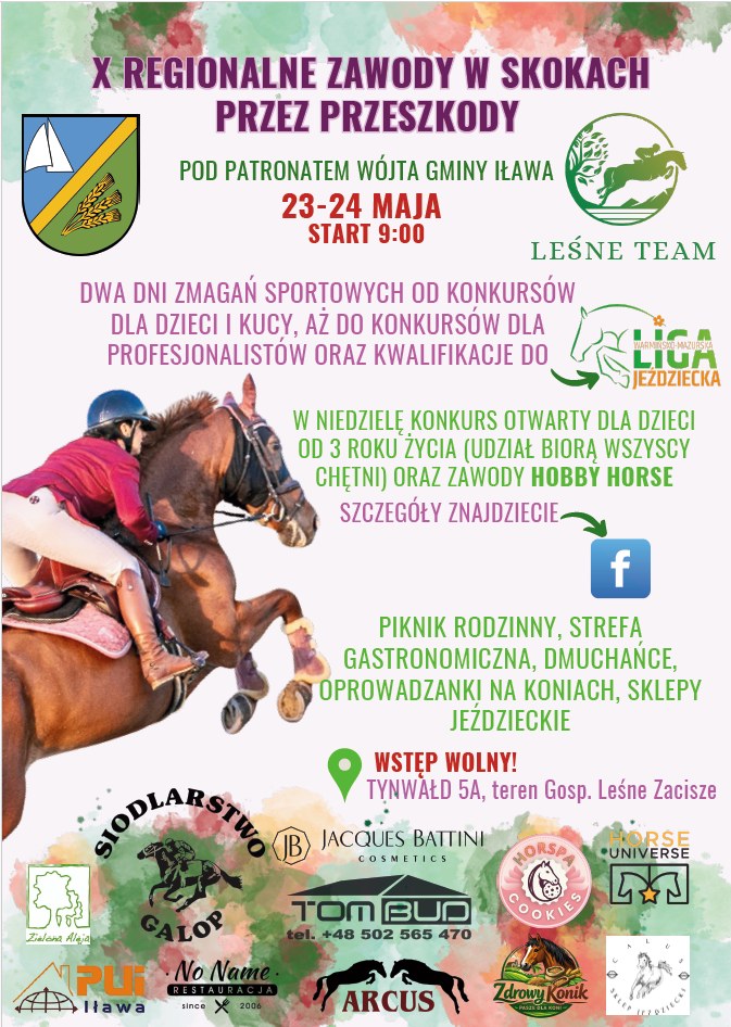 Plakat zapraszający w dniach 23-24 maja 2026 r. do miejscowości Tynwałd w gminie Iława na Regionalne Zawody w Skokach przez Przeszkody Tynwałd 2026. 