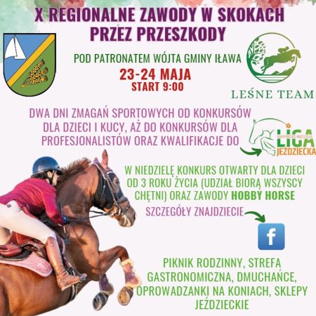 Plakat zapraszający w dniach 23-24 maja 2026 r. do miejscowości Tynwałd w gminie Iława na Regionalne Zawody w Skokach przez Przeszkody Tynwałd 2026. 