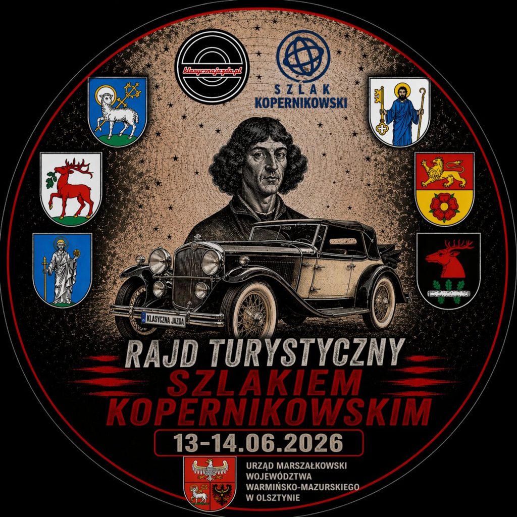 Plakat zapraszający w dniach 13-14 czerwca 2026 r. na Rajd Turystyczny Szlakiem Kopernikowskim Warmia i Mazury 2026.