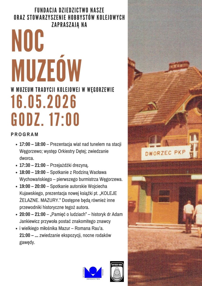 Plakat zapraszający w sobotę 16 maja 2026 r. do Węgorzewa na Noc Muzeów w Muzeum Tradycji Kolejowej Węgorzewo 2026. 