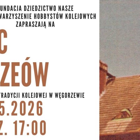 Plakat zapraszający w sobotę 16 maja 2026 r. do Węgorzewa na Noc Muzeów w Muzeum Tradycji Kolejowej Węgorzewo 2026.