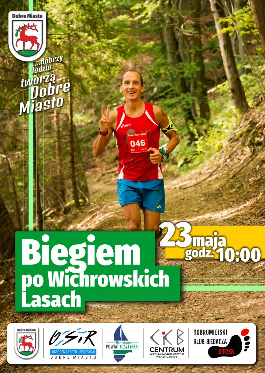 Plakat zapraszający w sobotę 23 maja 2026 r. do miejscowości Wichrowo k. Dobrego Miasta na 15. edycję Biegu Po Wichrowskich Lasach Wichrowo 2026.