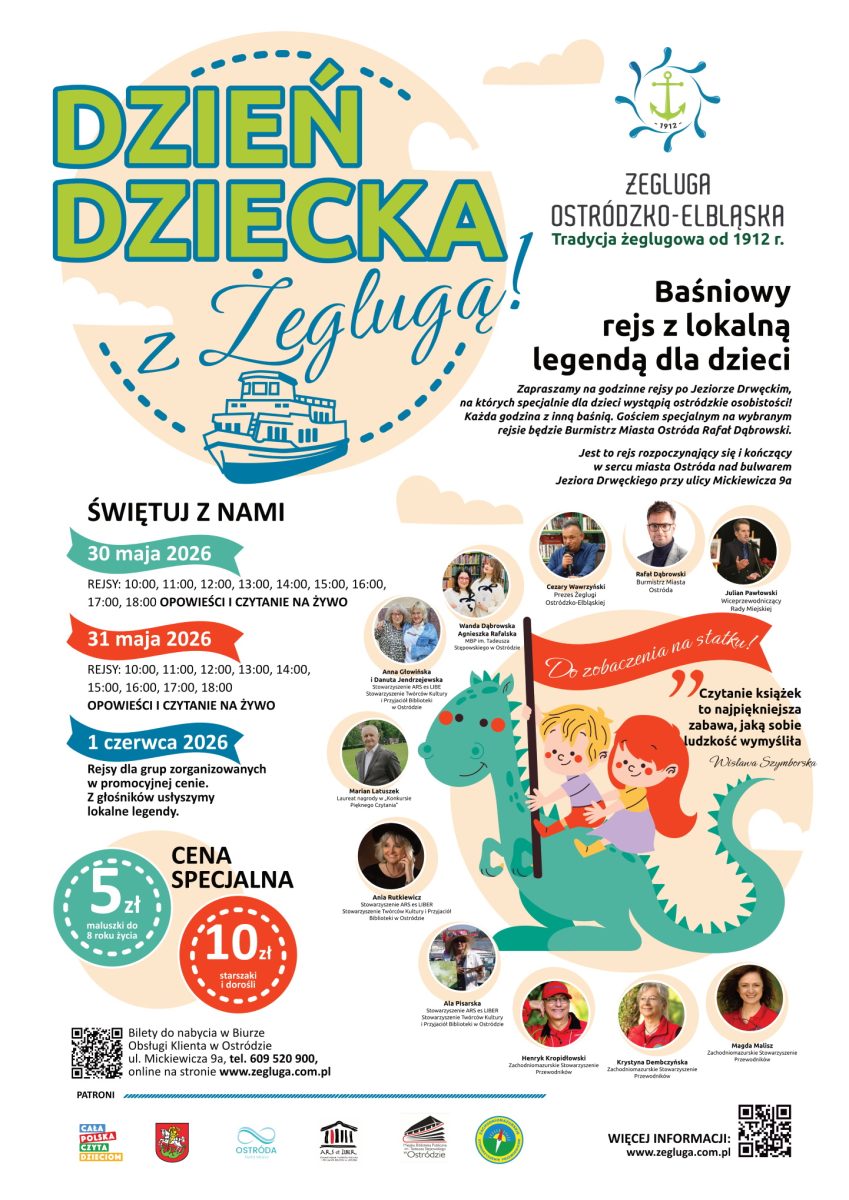 Plakat zapraszający w dniach od 30 maja do 1 czerwca 2026 r. do Ostródy na Dzień Dziecka z Żeglugą Ostródzko-Elbląską 2026. 
