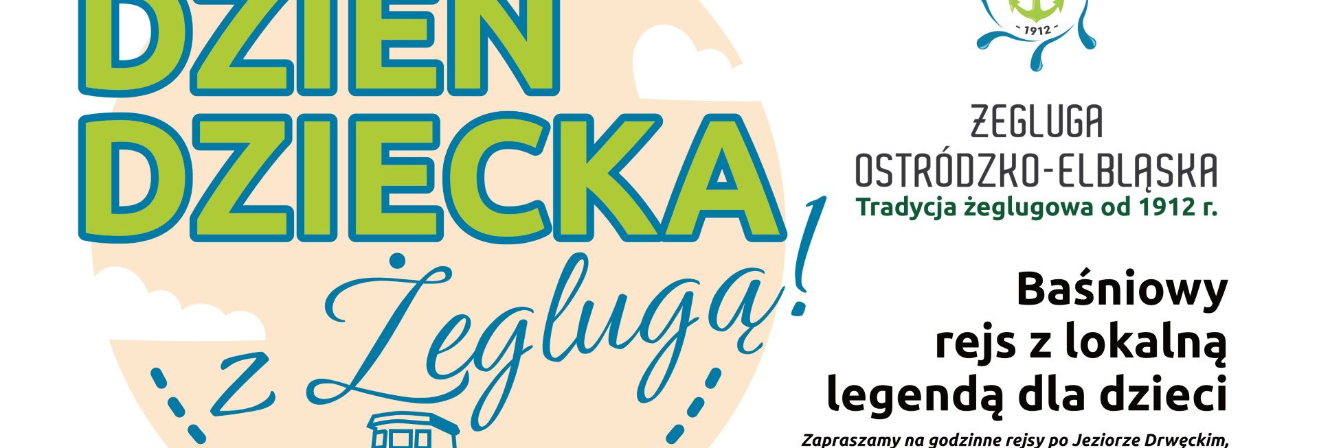 Plakat zapraszający w dniach od 30 maja do 1 czerwca 2026 r. do Ostródy na Dzień Dziecka z Żeglugą Ostródzko-Elbląską 2026. 