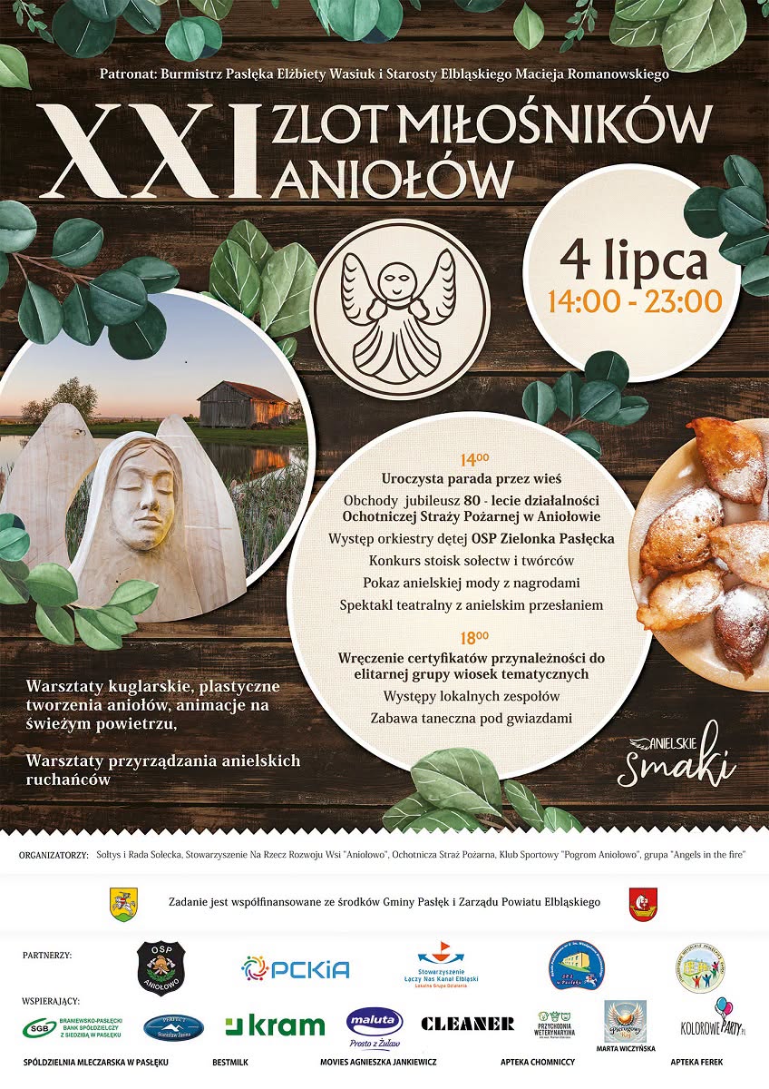 Plakat zapraszający w sobotę 4 lipca 2026 r. do miejscowości Aniołowo w gminie Pasłęk na Zlot Miłośników Aniołów Aniołowo 2026.