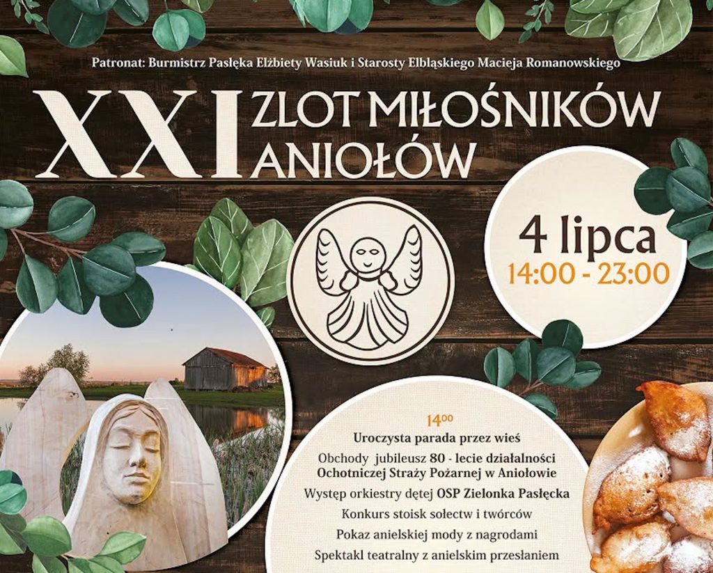Plakat zapraszający w sobotę 4 lipca 2026 r. do miejscowości Aniołowo w gminie Pasłęk na Zlot Miłośników Aniołów Aniołowo 2026.