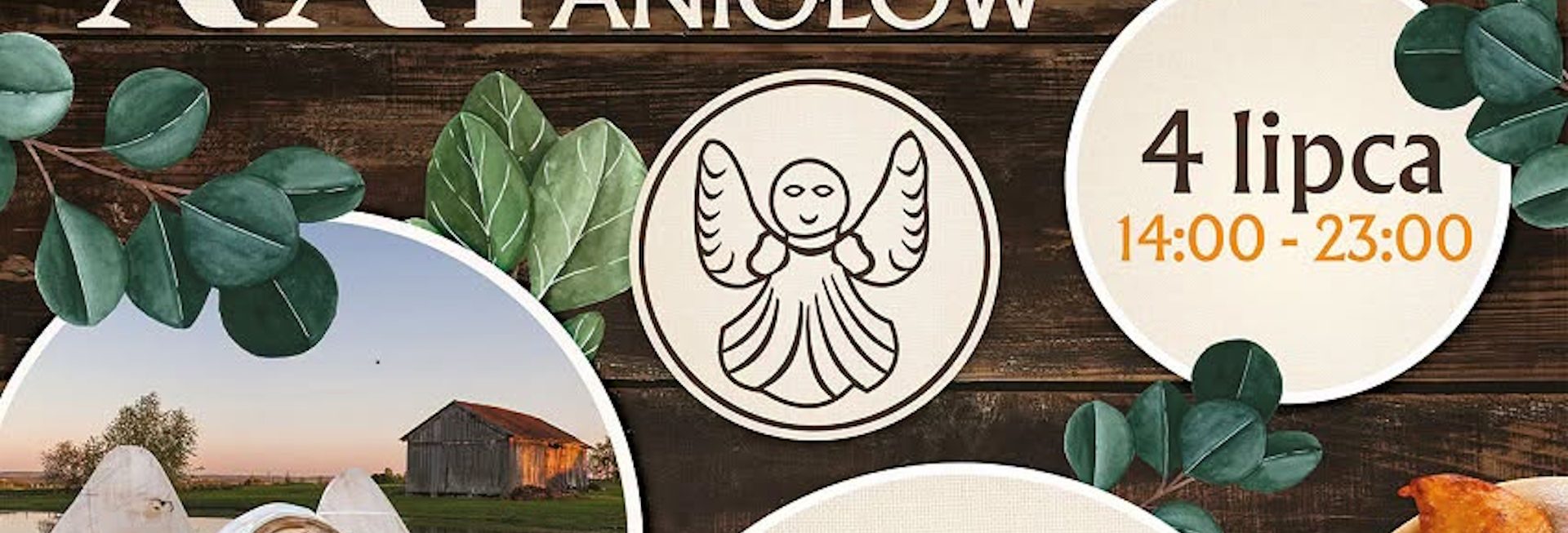 Plakat zapraszający w sobotę 4 lipca 2026 r. do miejscowości Aniołowo w gminie Pasłęk na Zlot Miłośników Aniołów Aniołowo 2026.