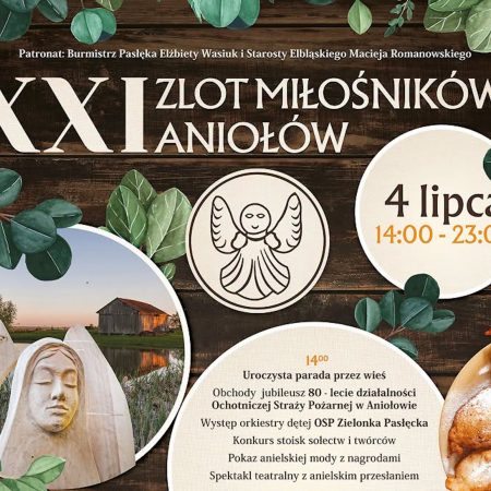 Plakat zapraszający w sobotę 4 lipca 2026 r. do miejscowości Aniołowo w gminie Pasłęk na Zlot Miłośników Aniołów Aniołowo 2026.
