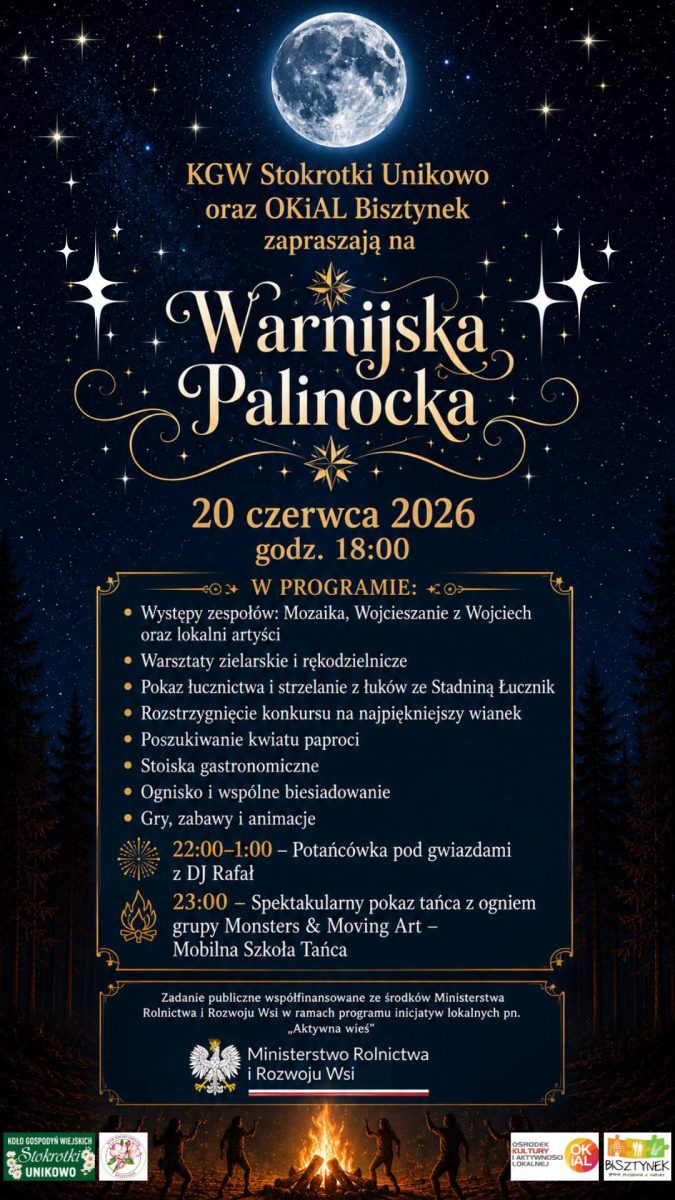 Plakat zapraszający w sobotę 20 czerwca 2026 r. do Bisztynka na Warnijską Palinockę Bisztynek 2026. 
