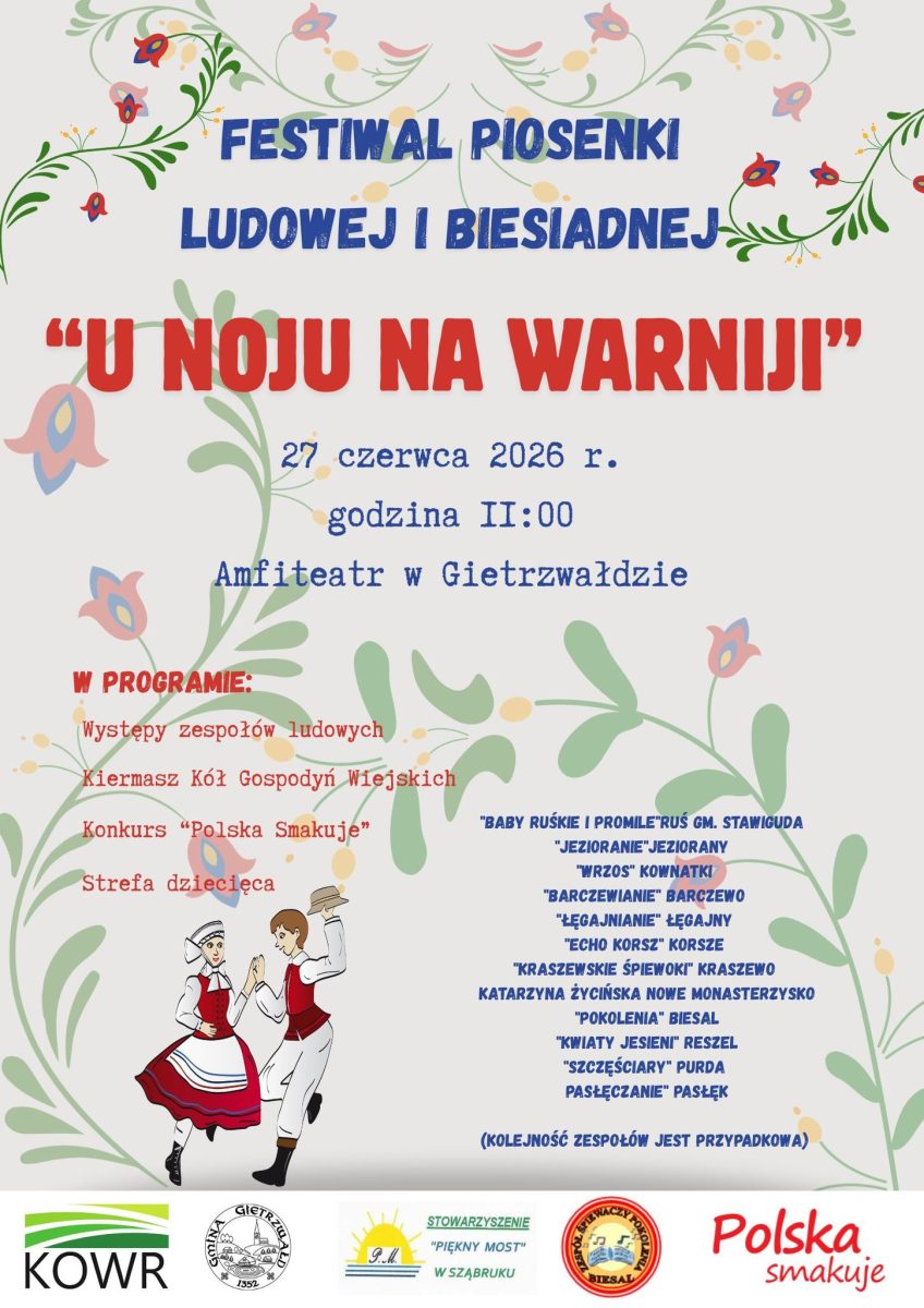 Plakat zapraszający w sobotę 27 czerwca 2026 r. do Gietrzwałdu na Festiwal Piosenki Ludowej i Biesiadnej „U Noju na Warnii” Gietrzwałd 2026. 