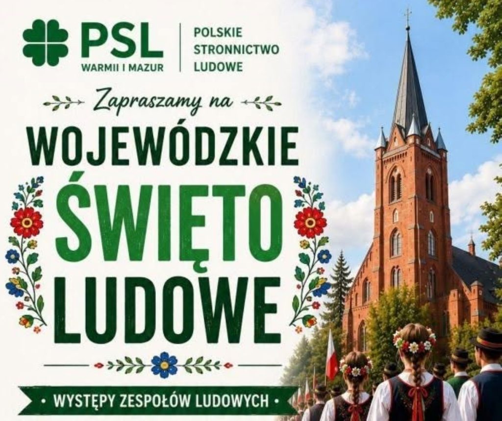 Plakat zapraszający w niedzielę 14 czerwca 2026 r. do Gietrzwałdu na Wojewódzkie Święto Ludowe Gietrzwałd 2026. 