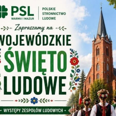 Plakat zapraszający w niedzielę 14 czerwca 2026 r. do Gietrzwałdu na Wojewódzkie Święto Ludowe Gietrzwałd 2026. 