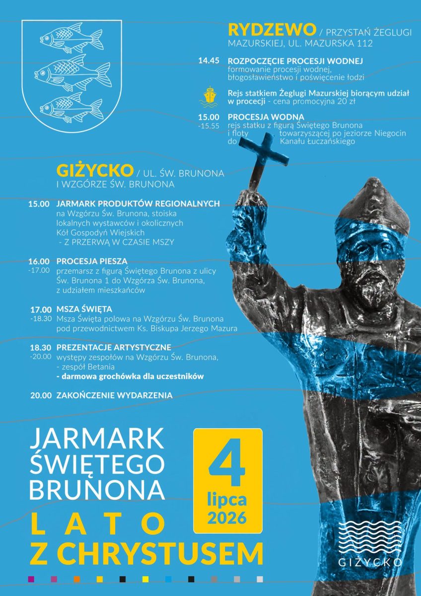Plakat zapraszający do Giżycka na Jarmark Świętego Brunona - Lato z Chrystusem Giżycko 2026.  