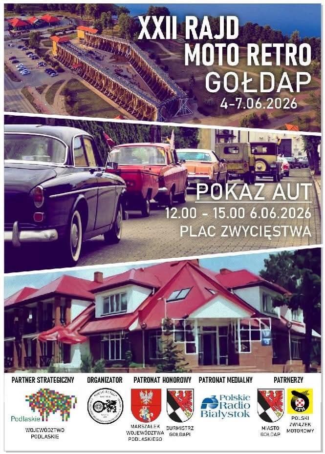 Plakat zapraszający w dniach 4-7 czerwca 2026 r. do Gołdapi na Rajd Moto Retro Gołdap 2026. 