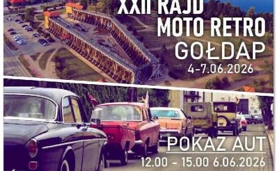 Plakat zapraszający w dniach 4-7 czerwca 2026 r. do Gołdapi na Rajd Moto Retro Gołdap 2026. 
