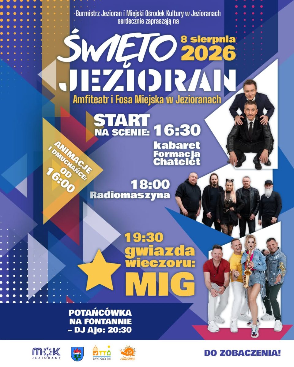Plakat zapraszający w sobotę 8 sierpnia 2026 r. do Jezioran na Święto Jezioran 2026.