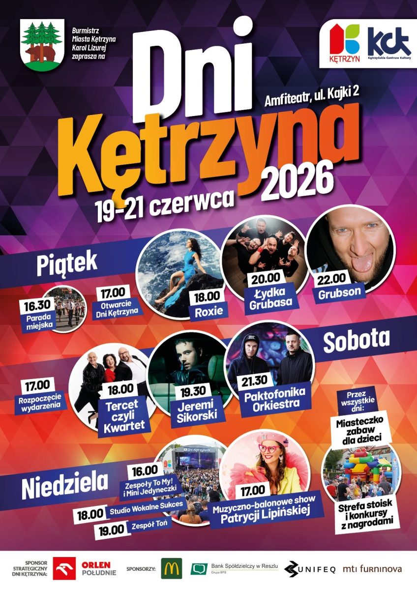 Plakat zapraszający w dniach 19-21 czerwca 2026 r. do Kętrzyna na Dni Kętrzyna 2026.  