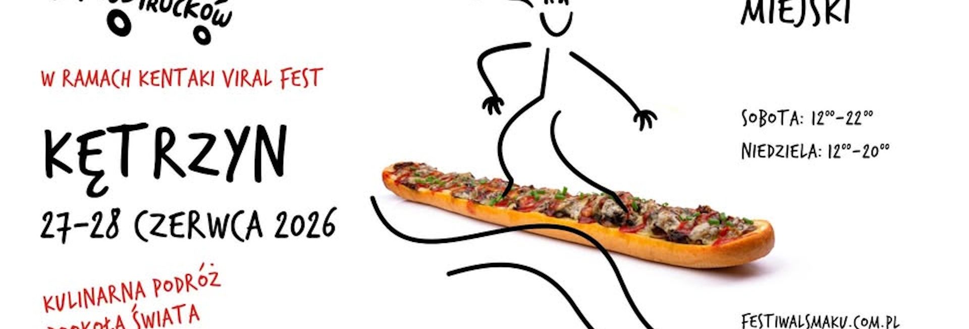 Plakat zapraszający w dniach 27-28 czerwca 2026 r. do Kętrzyna na Festiwal Smaków Food Trucków Kętrzyn 2026. 