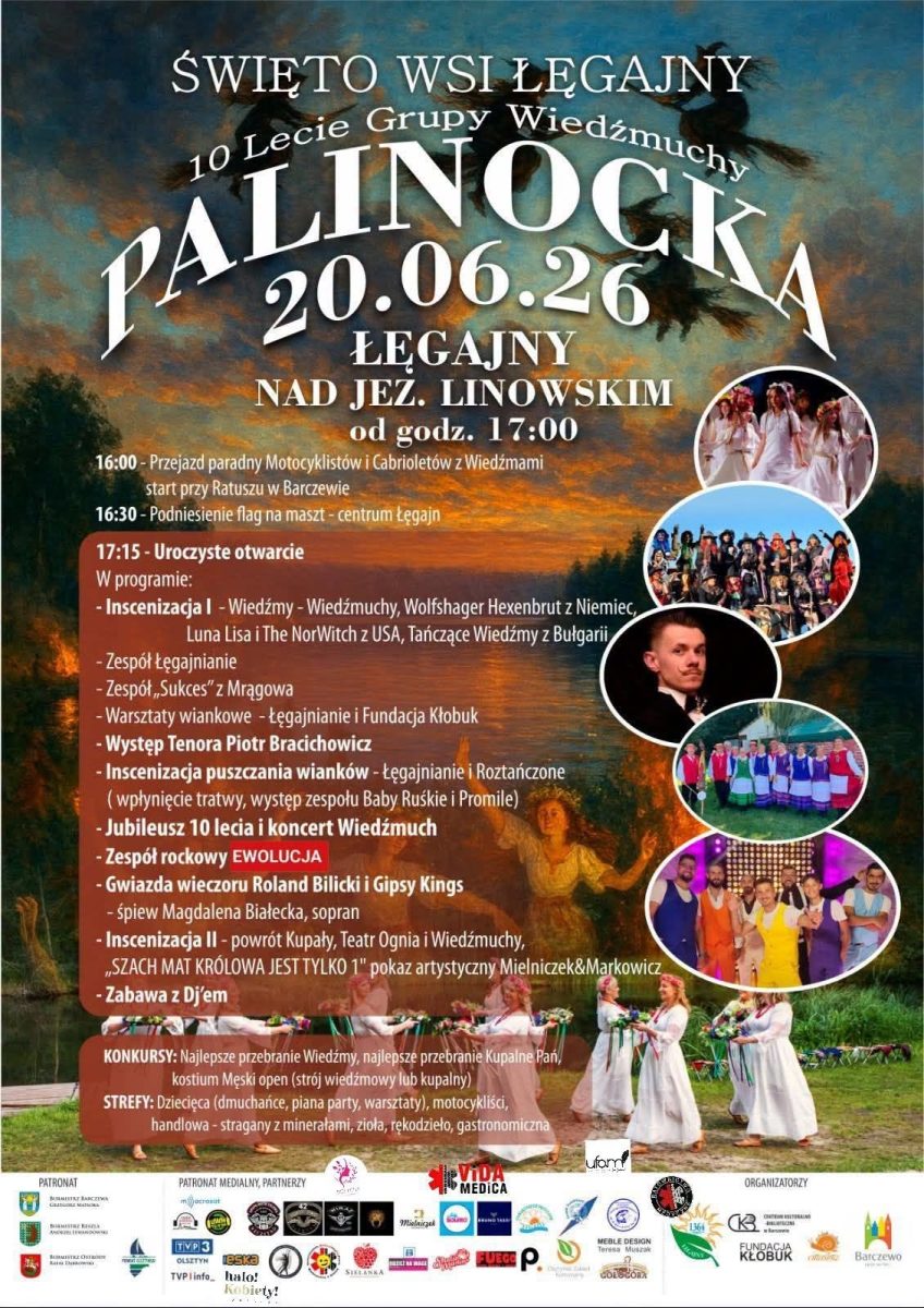 Plakat zapraszający w sobotę 20 czerwca 2026 r. do miejscowości Łęgajny w gminie Barczewo na Palinockę w Łęgajnach 2026. 